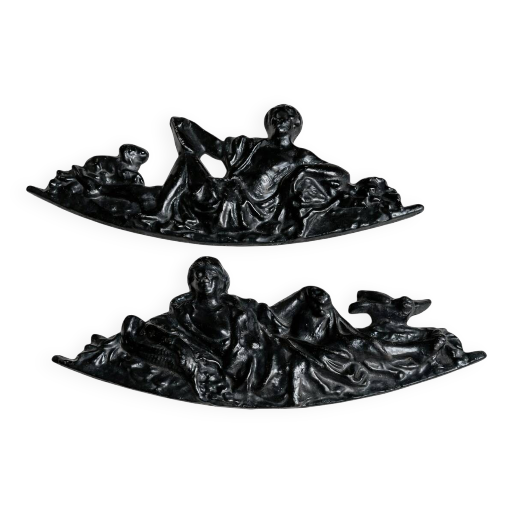 Pair of neoclassical fronton wall sconces in cast iron, elongated figures, 19th century.