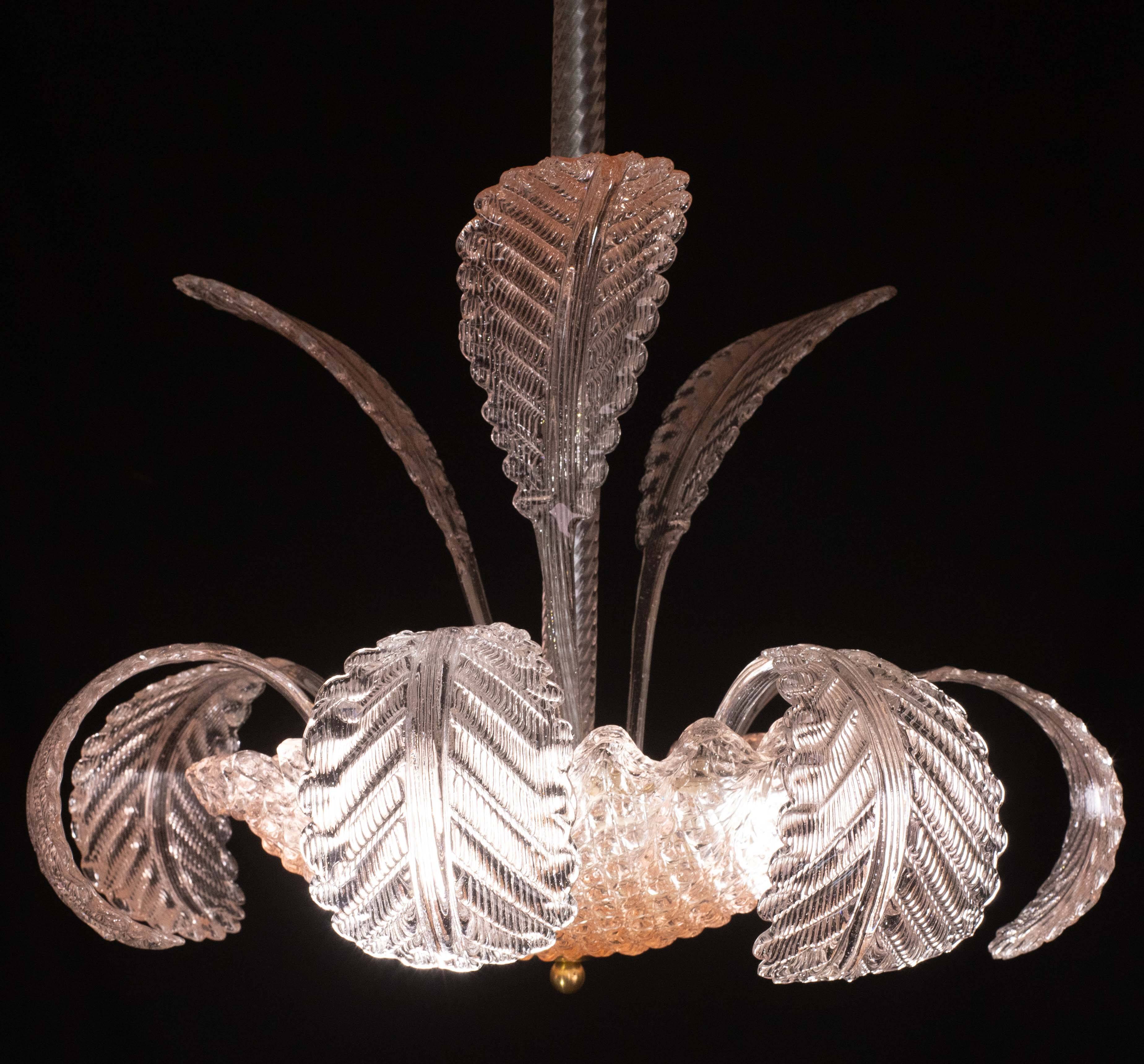 Pink Art Decò Barovier e Toso Chandelier, Murano Glass, 1950s