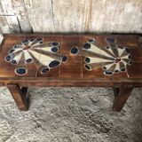 Old 70's Coffee Table Wood + Vintage Painted Ceramic Tiles #A608