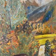 Oil on canvas mountain and river 1965