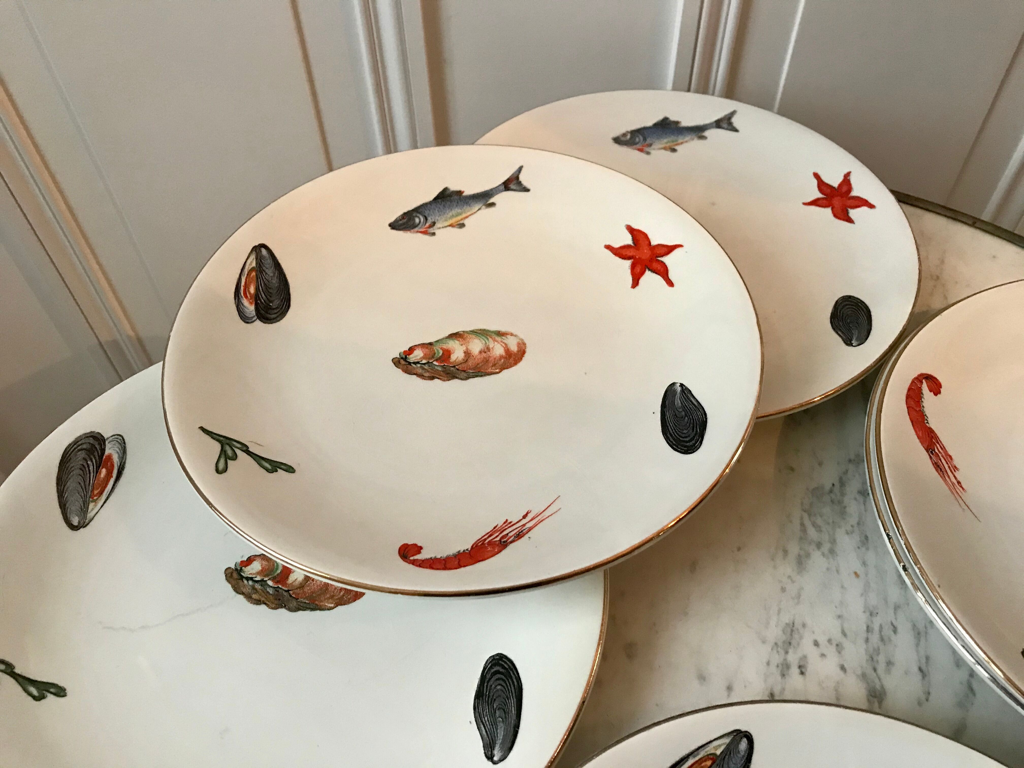 Lot de 6 assiettes plates Digoin Sarreguemines modèle "Neptune" années 60-70