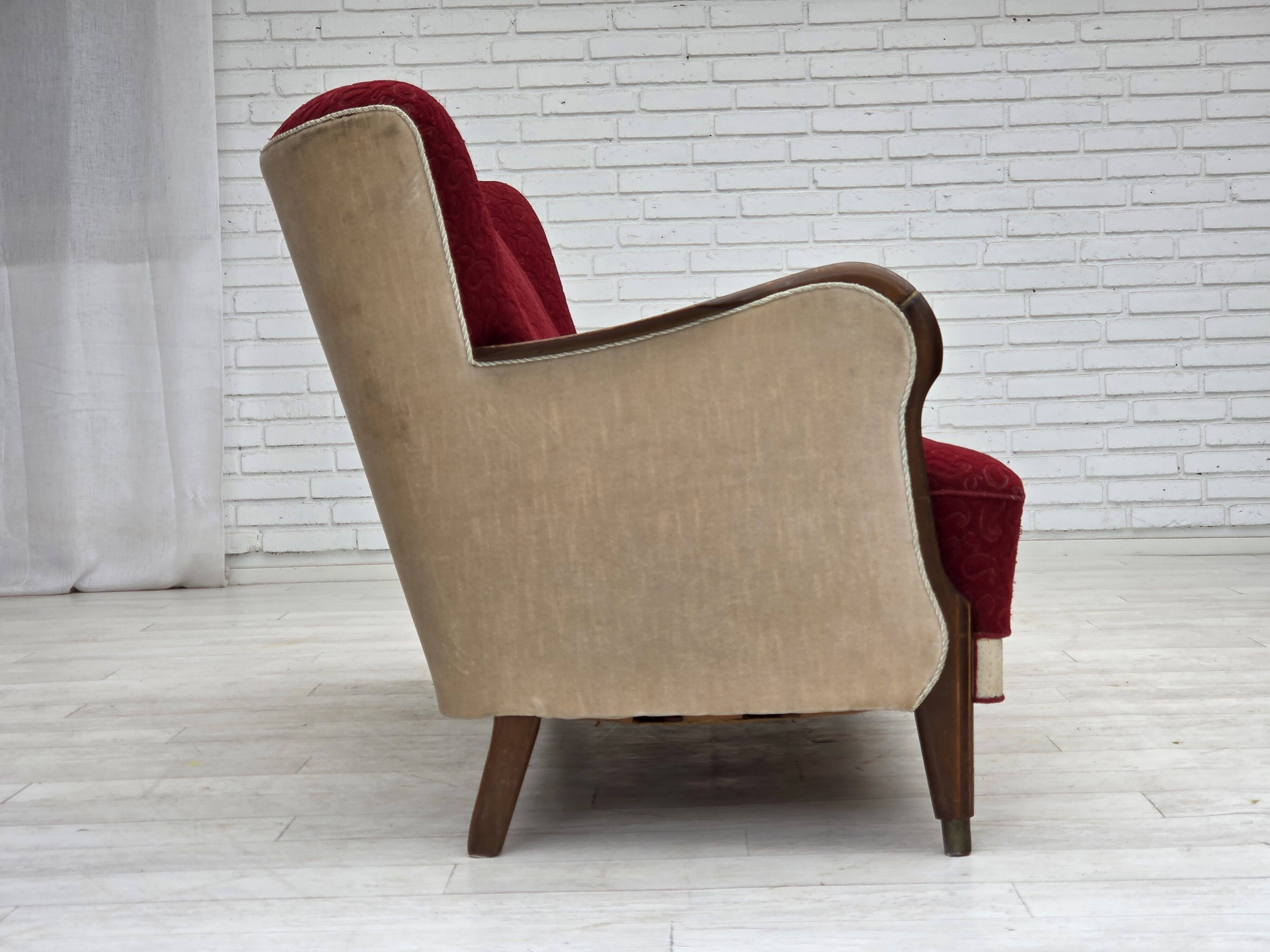 1950s, Danish 3-seater sofa, original red/beige furniture wool.
