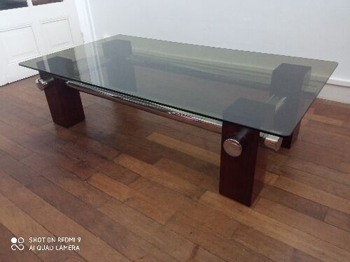 Table basse bois et chrome années 80