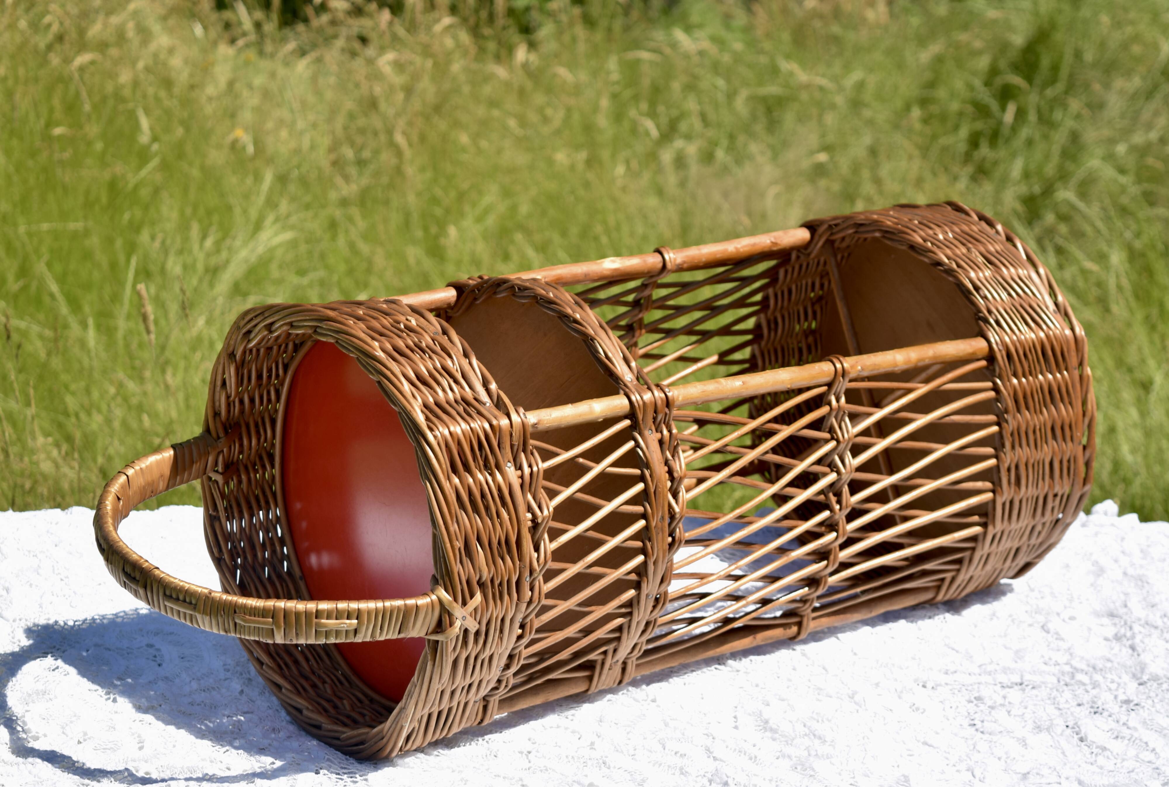 Wicker bottle holder basket with slots for plates and glasses - 1970s