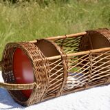 Wicker bottle holder basket with slots for plates and glasses - 1970s
