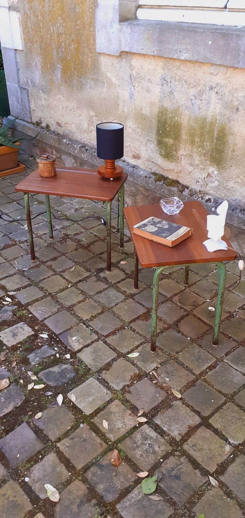 Pair of 1960s tables in tubular metal and solid teak
