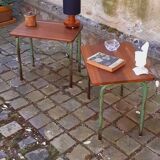 Pair of 1960s tables in tubular metal and solid teak
