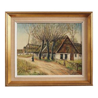 Peinture « La ferme sous les saules », design scandinave, années 1960