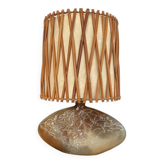 Signed Vallauris lamp, rattan lampshade from the 70s
