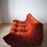 Amber corduroy Togo lounge chair with pouf and three-seat sofa by Michel Ducaroy for Ligne Roset, set of 3