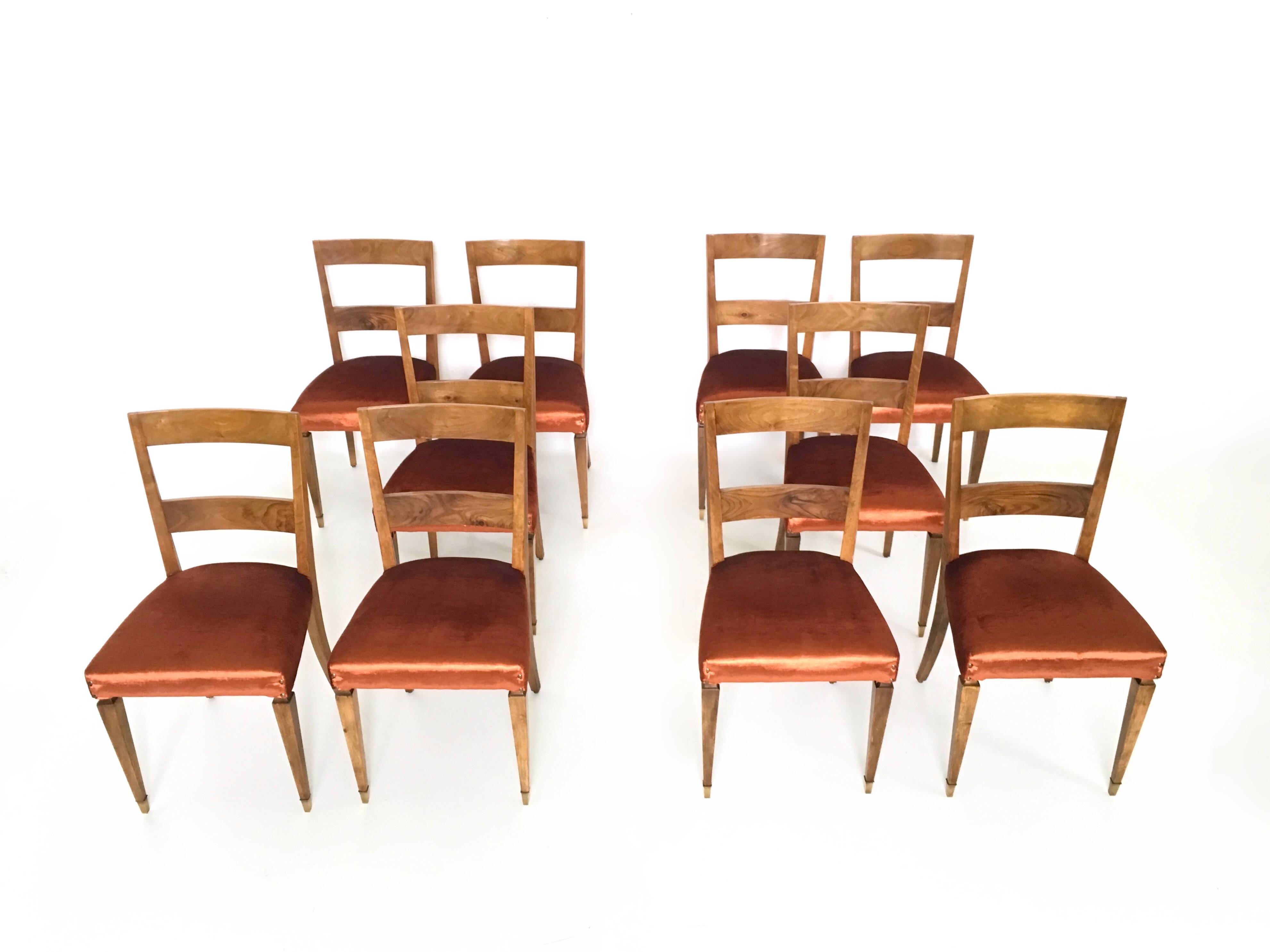Set of Ten Orange Fabric Upholstery and Walnut Dining Chairs, Italy
