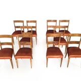 Set of Ten Orange Fabric Upholstery and Walnut Dining Chairs, Italy