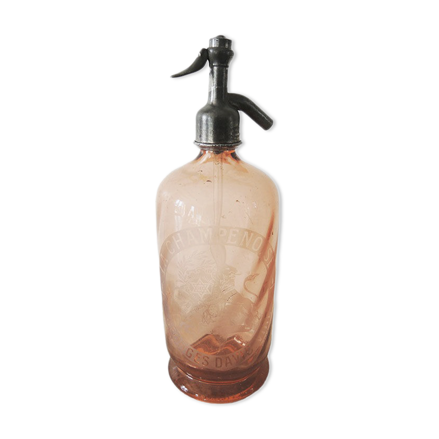 Old pink glass siphon by Georges David Vire