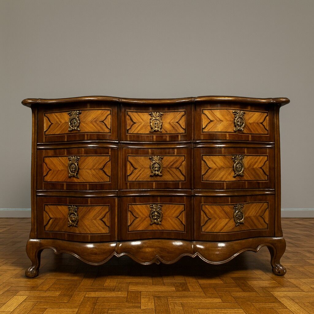 Crossbow commode from the Louis XV period in noble wood marquetry, 18th century.