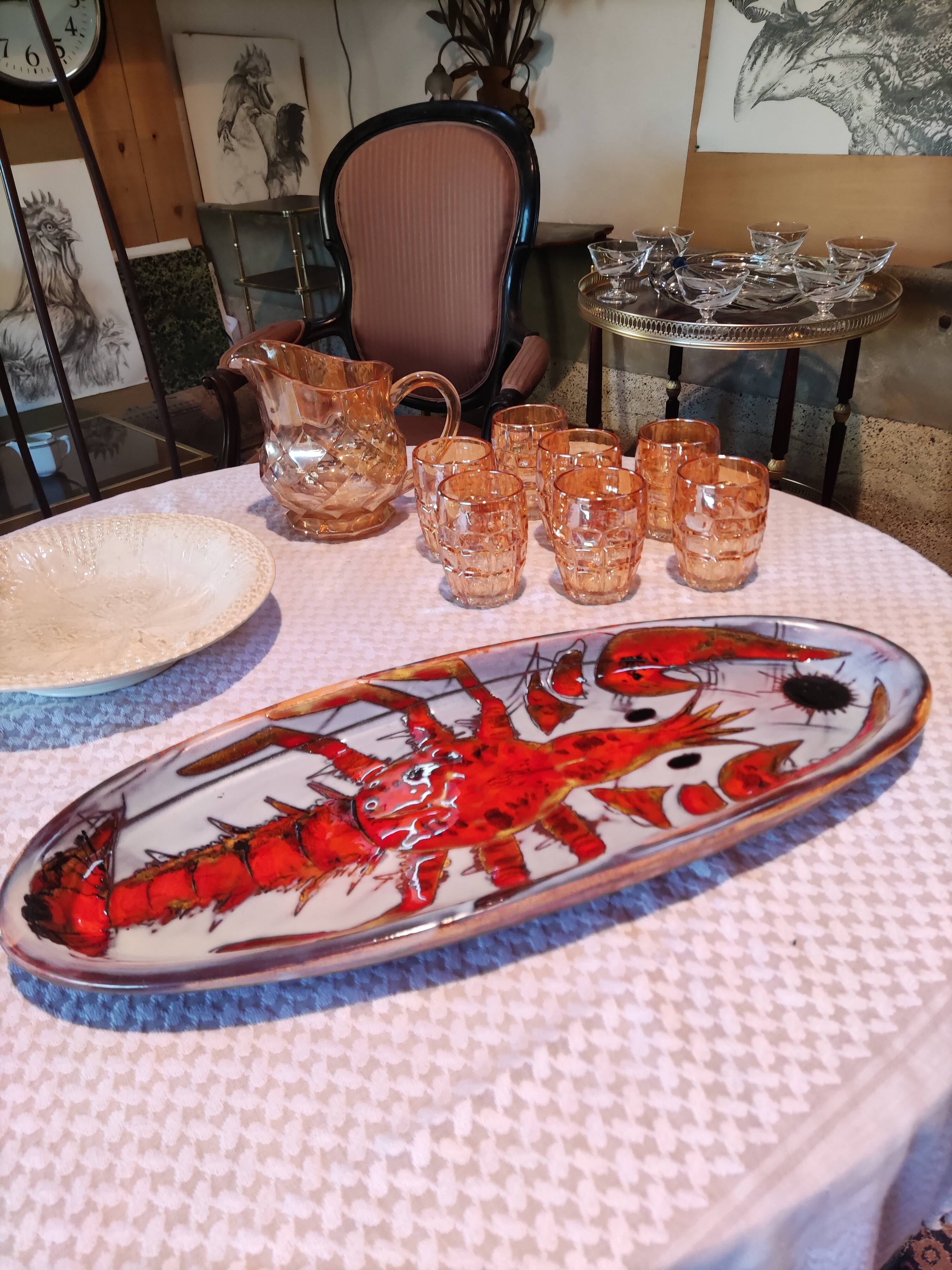 Vallauris earthenware plate signed by Kurt and Monique Brunner - lobster