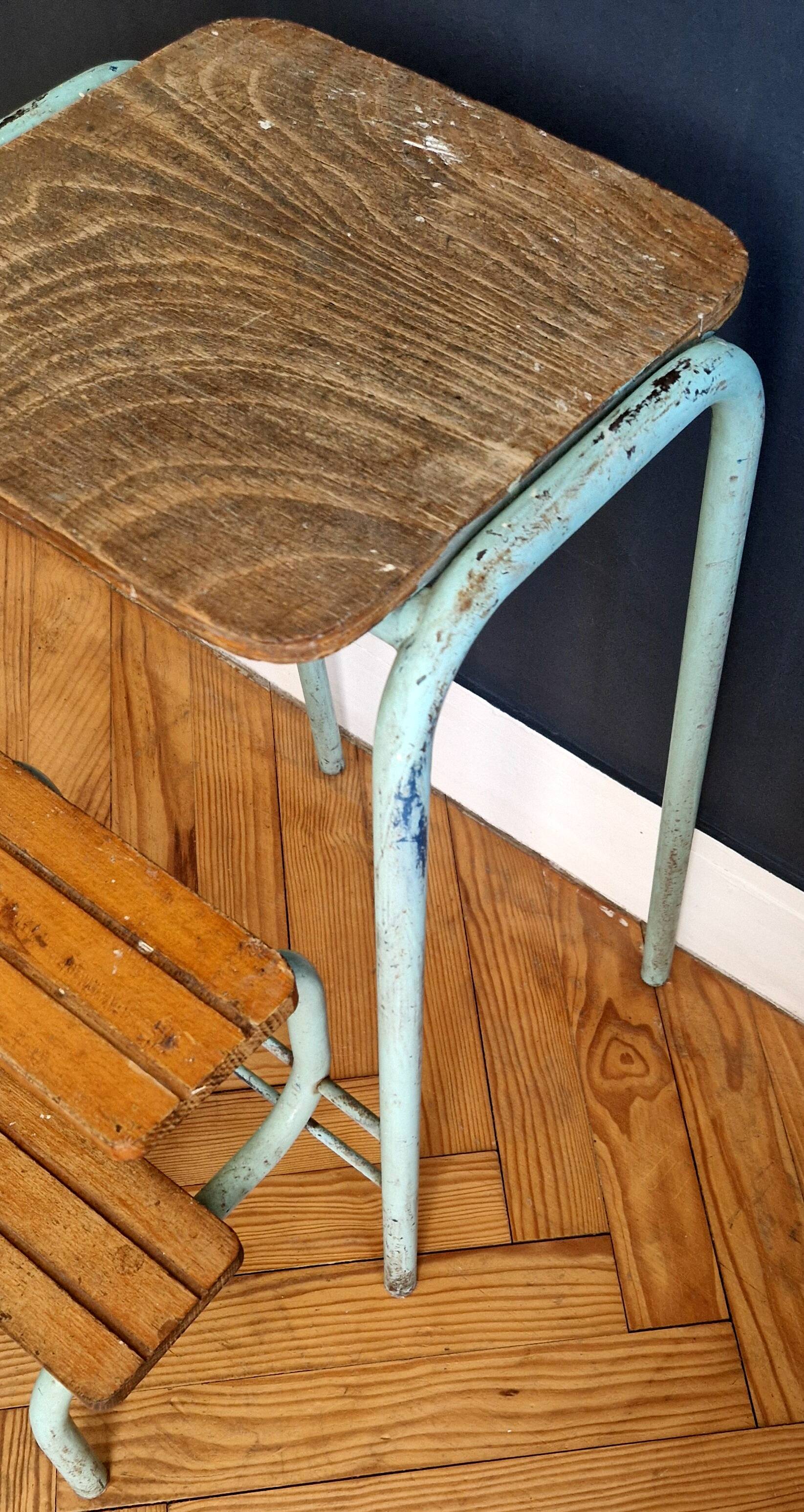 Tabouret escabeau vintage en bois et acier