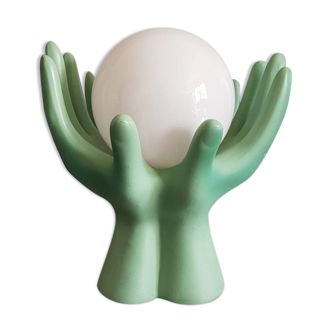 Vintage hands lamp globe opaline and green ceramic