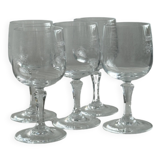 5 engraved crystal wine glasses, Matignon model.