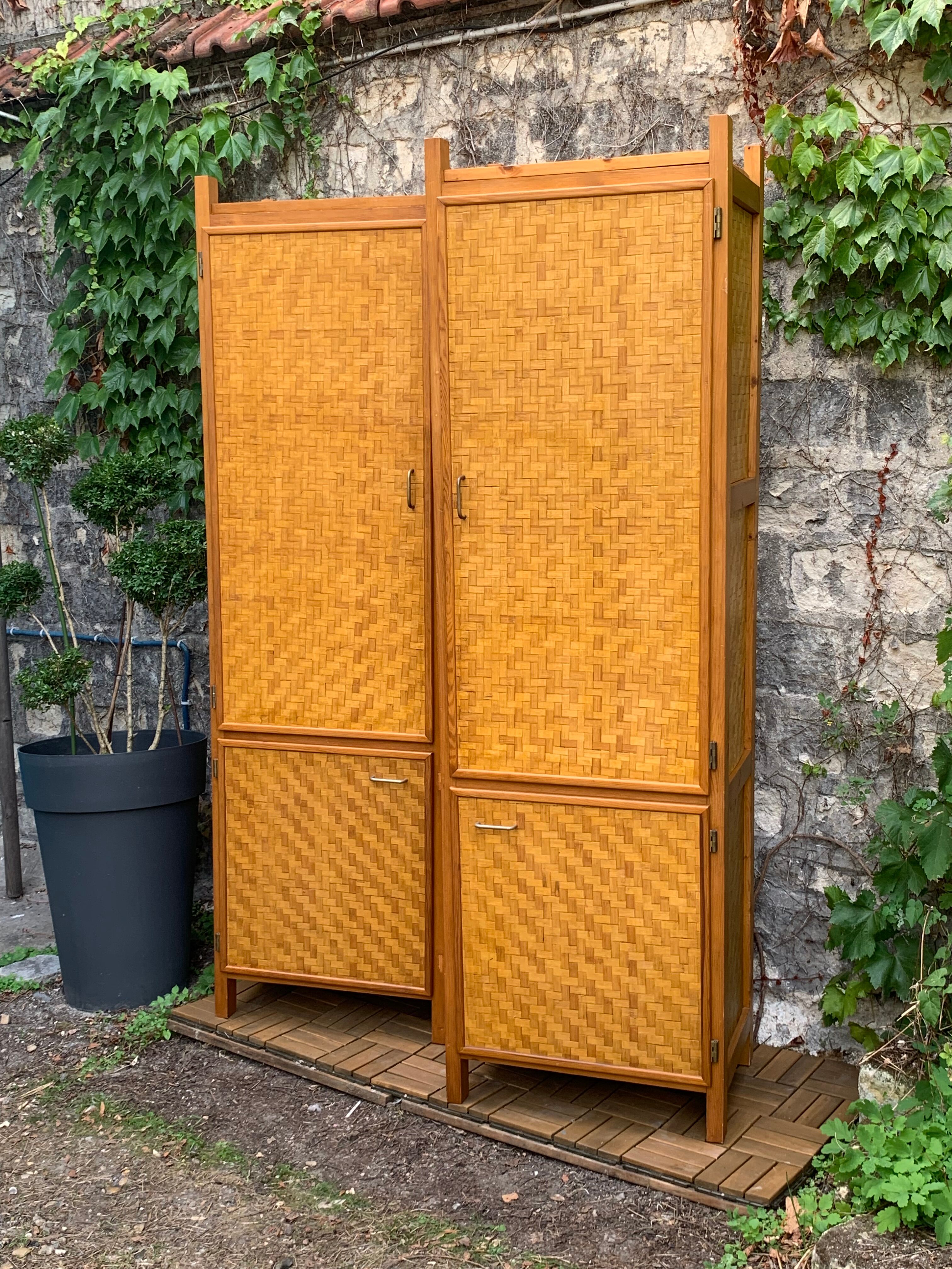 Bamboo cabinet woven and modular pine vintage 1960