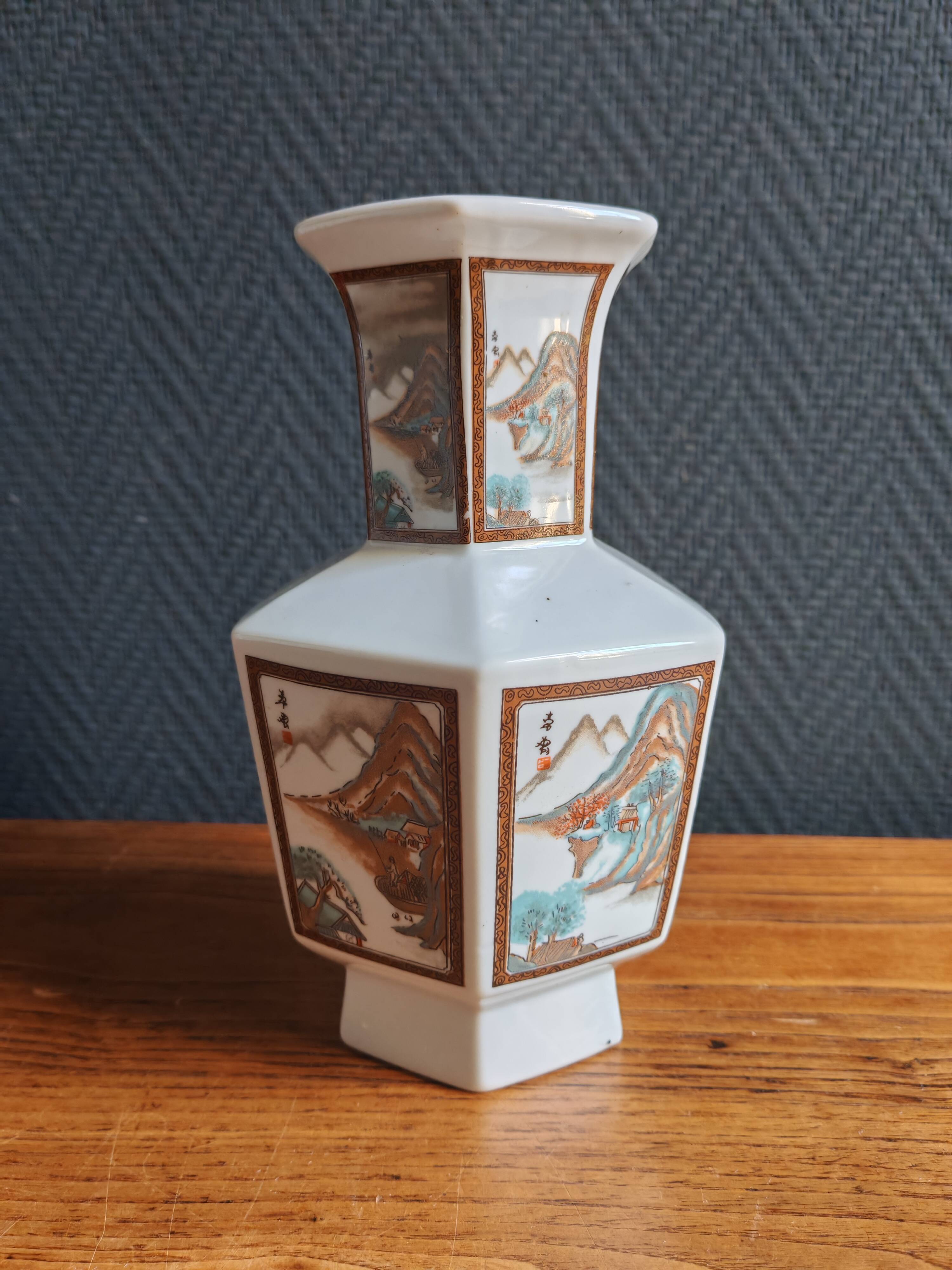 Vintage Hexagonal Japanese Porcelain Vase – Landscape Decoration