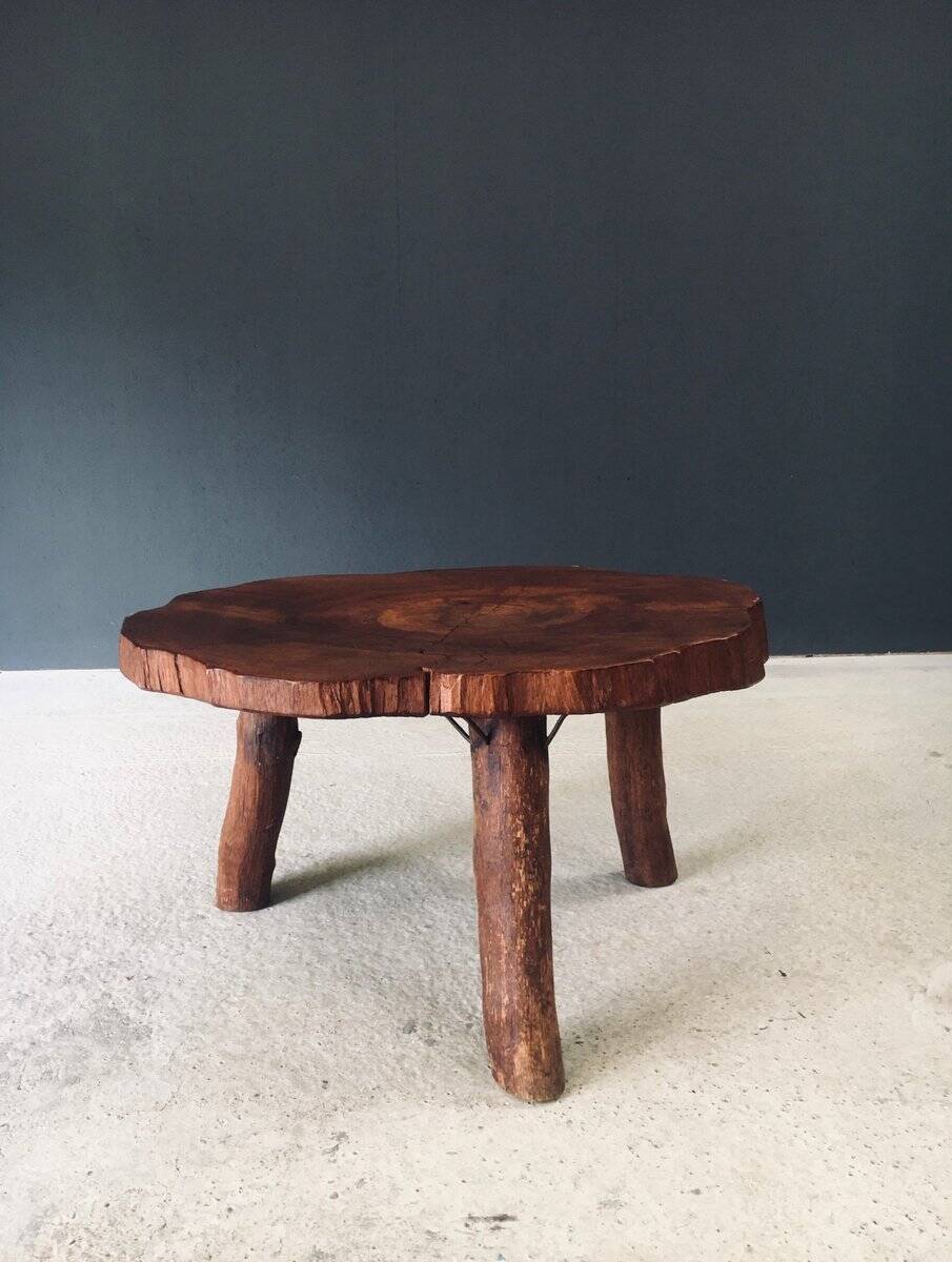 Handcrafted Teak Tree Trunk Tripod Coffee Table, 1960s