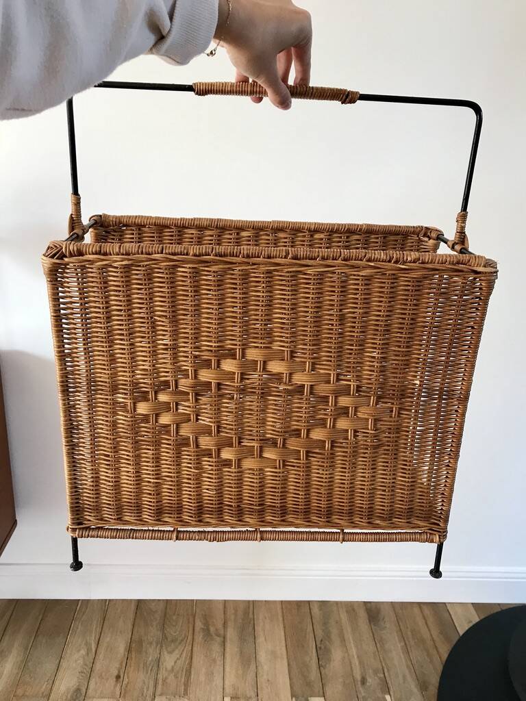 large wicker / rattan and black iron magazine rack from the 70s