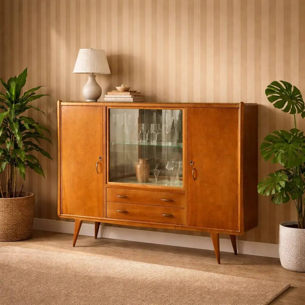 Vintage buffet in walnut veneer, Italian design from the 1960s.