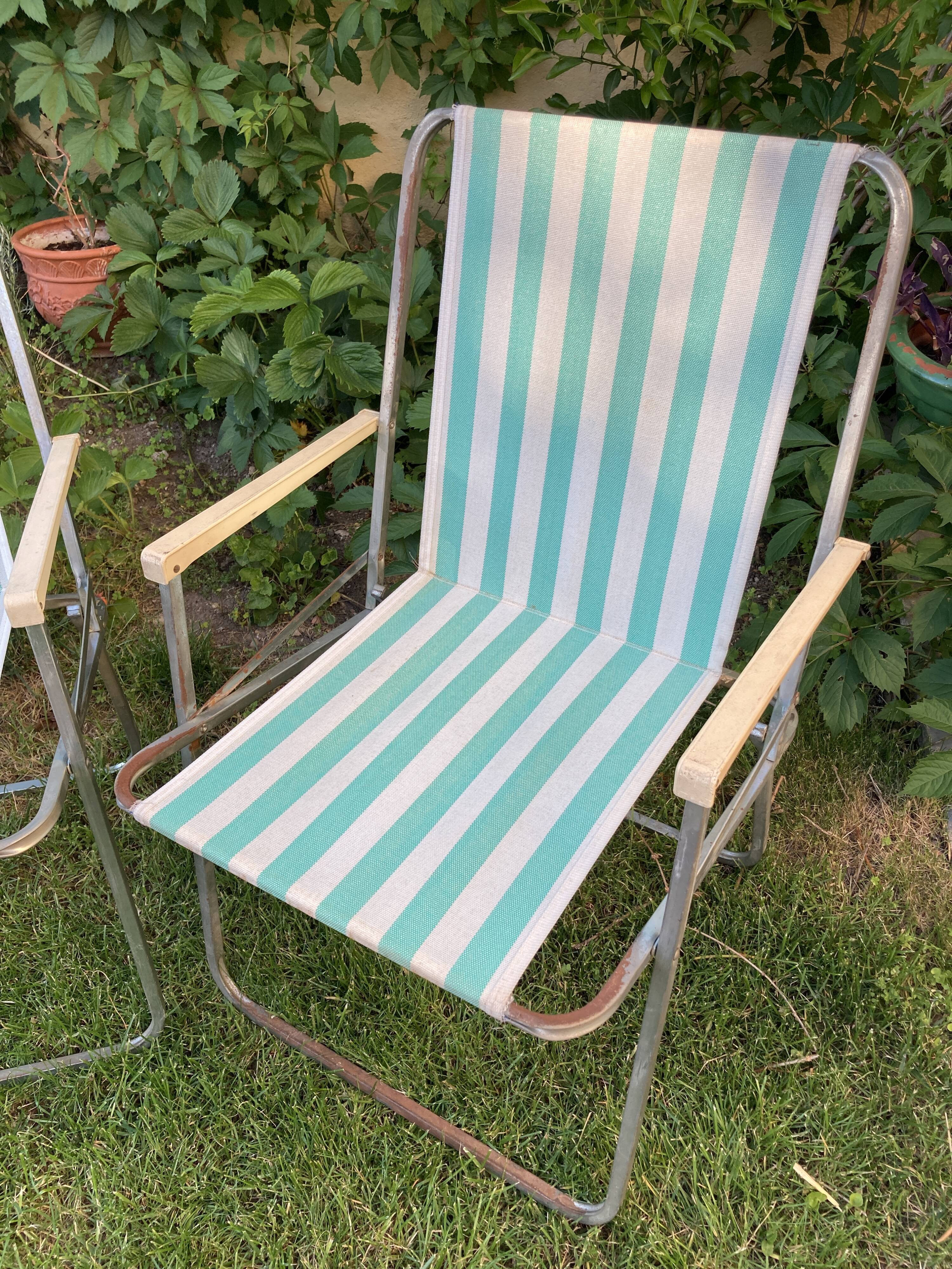 Pair of vintage camping chairs striped green and white