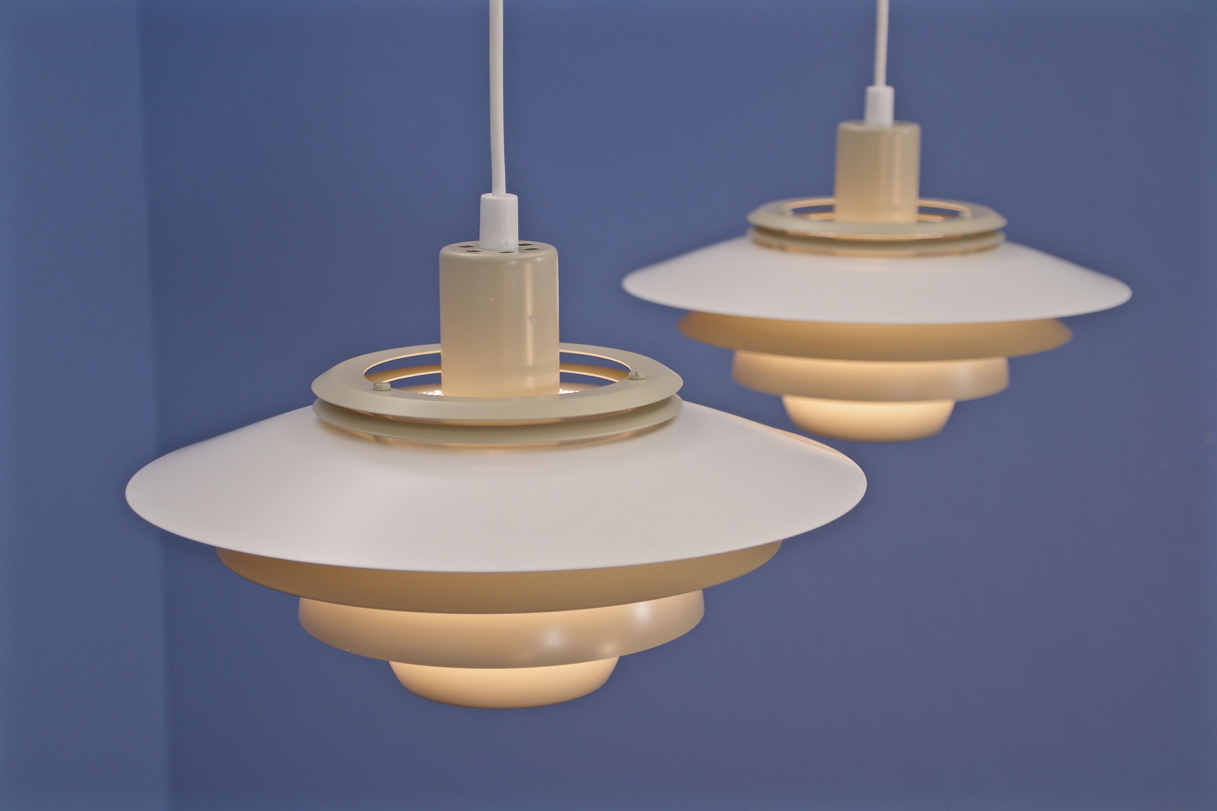 Set of 2 Danish multi coloured pendants in white and beige by Jeka, 1970s