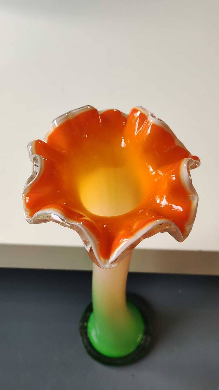 Large Floral Shaped Vase/Ruffled Neck. Blown/opaline art glass. Green/orange tones. Height 39.5 cm