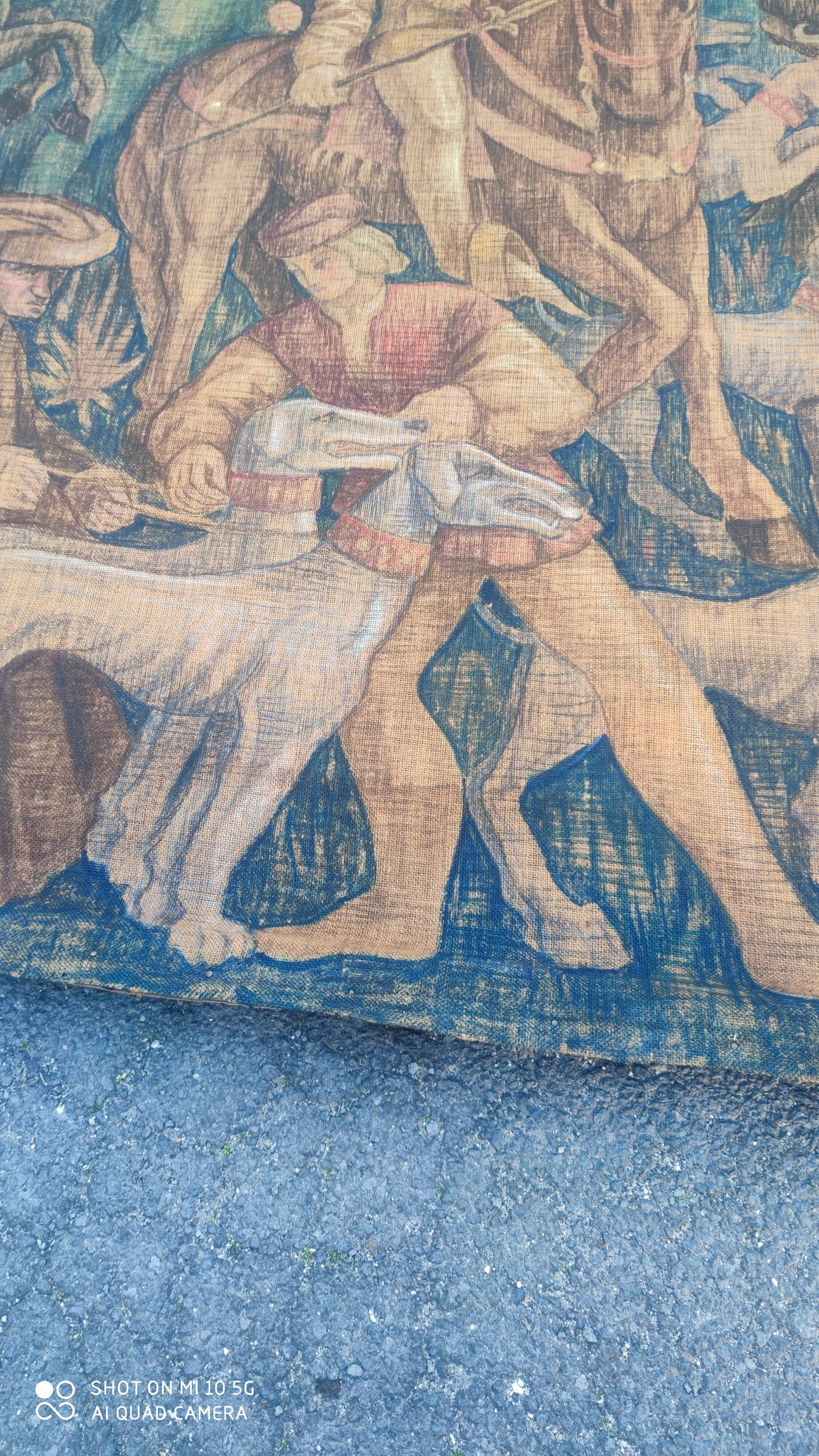 Painted burlap canvas depicting a medieval hunting scene circa 1950 by André Pierre BOURBIOUX, known as "Boul"