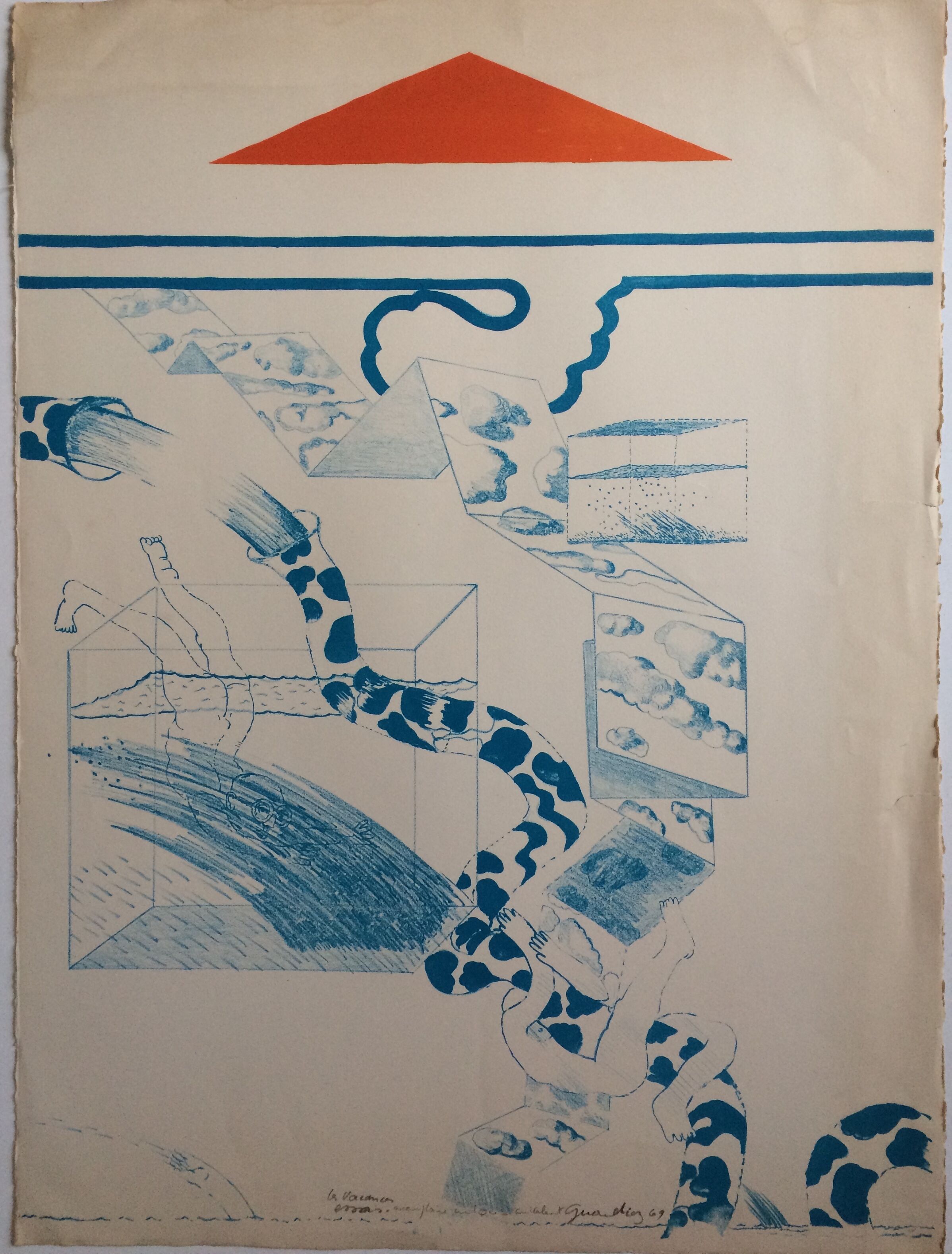 Original lithograph signed by Gérald Diaz, dit GÉRARDIAZ, Les vacances (essays), 1969