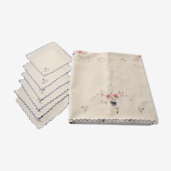 Hand embroidered square tablecloth and 6 towels
