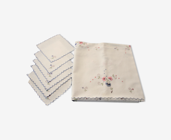 Hand embroidered square tablecloth and 6 towels