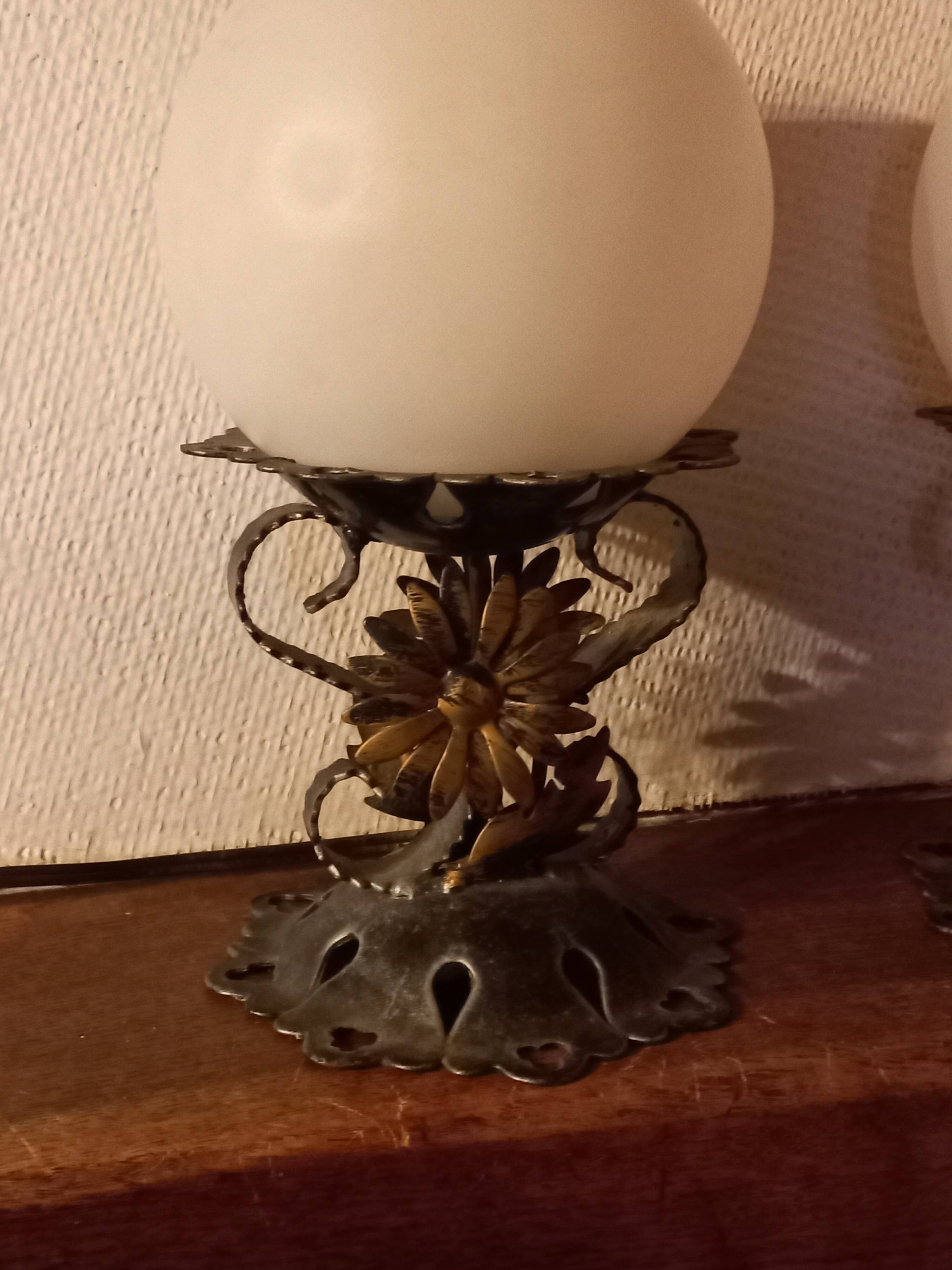 Pair of vintage wrought iron and opaline lamps from the 1960s.