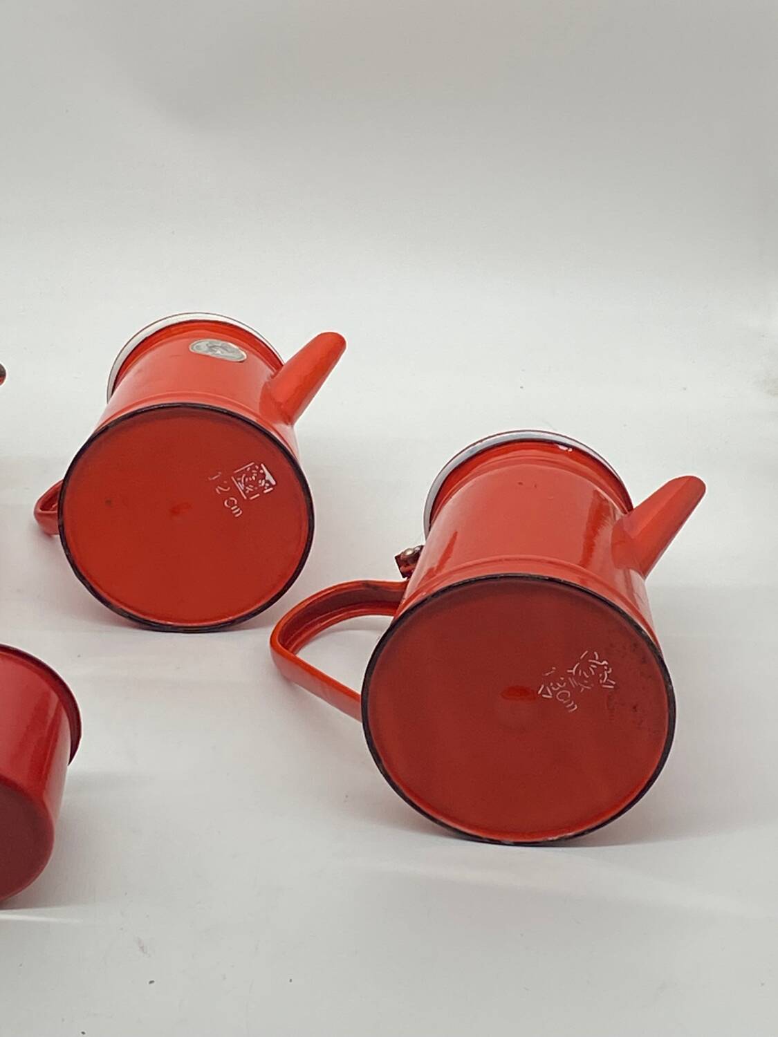 Set of red/white enameled metal coffee makers, vintage