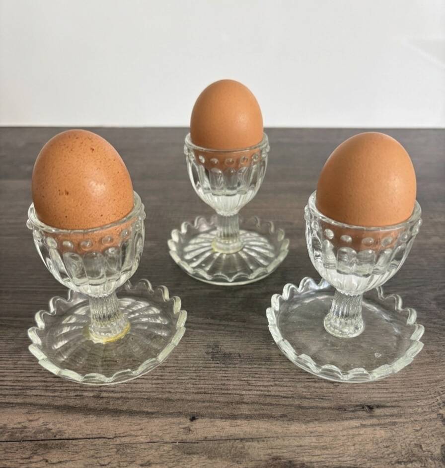 Set of 3 Vintage Glass Egg Cups in Diamond Point Style