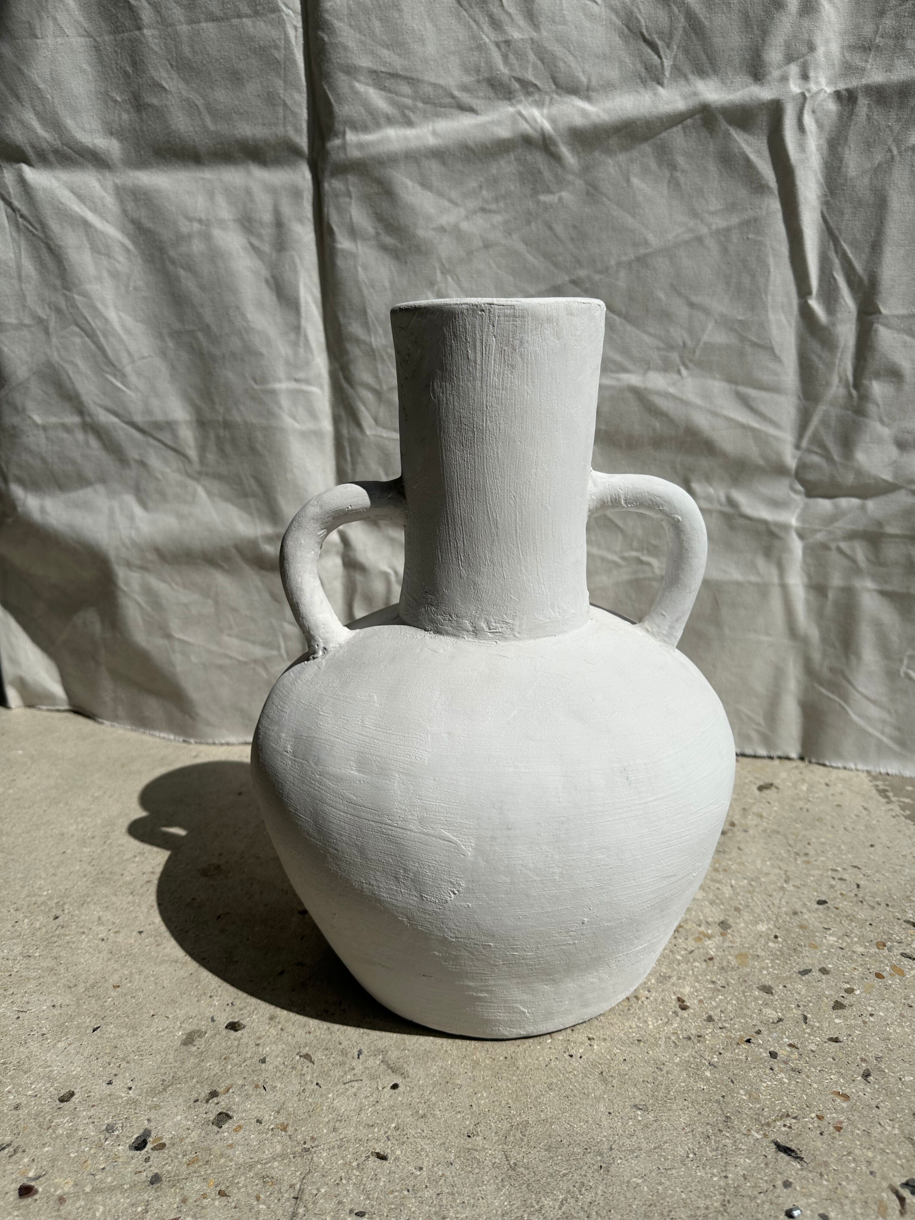 Handcrafted terracotta vase painted white with double handles h:40 d:30