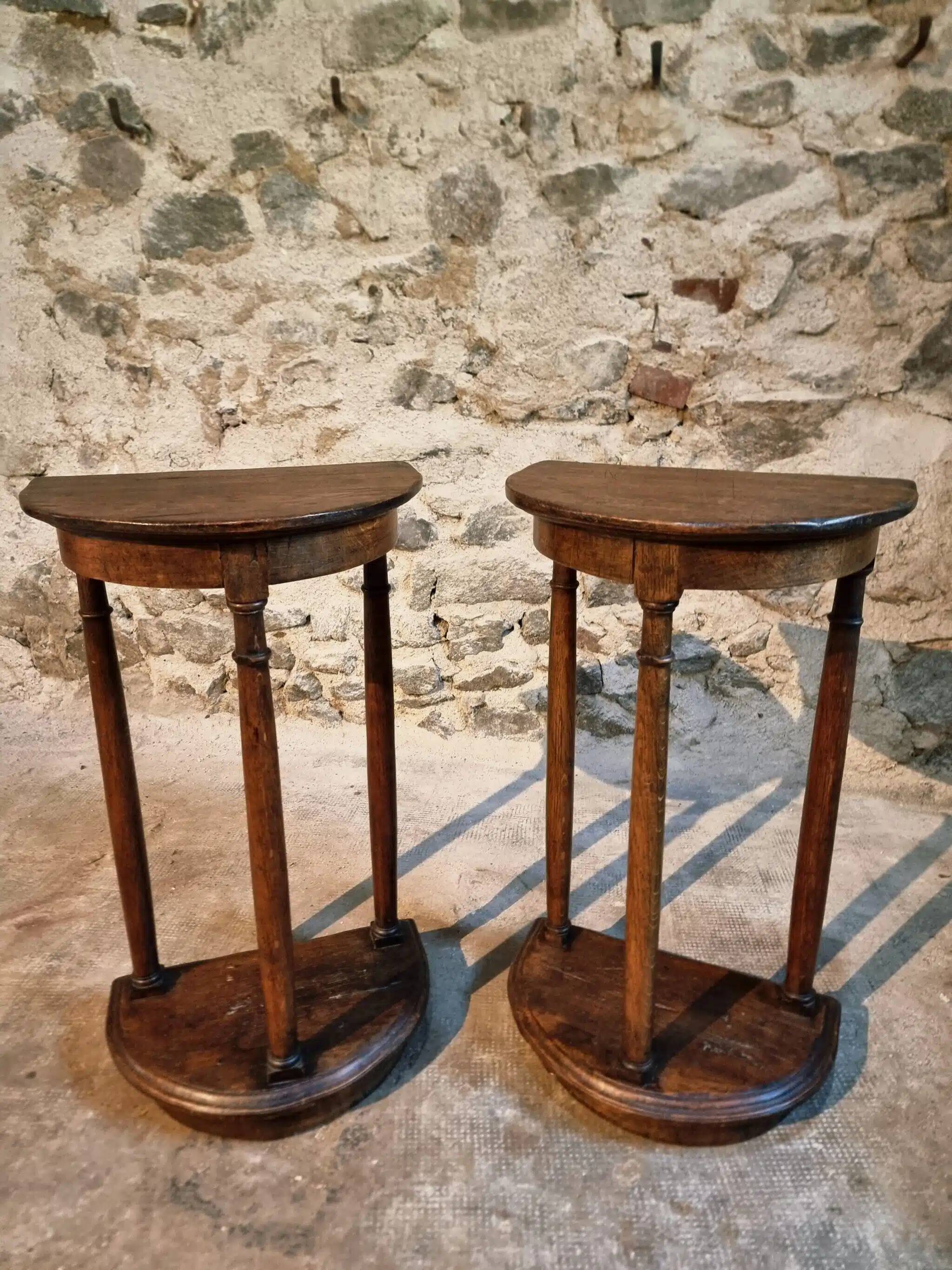 Pair of antique solid wood half-moon side tables, 19th century