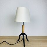 Wrought iron and wood tripod lamp