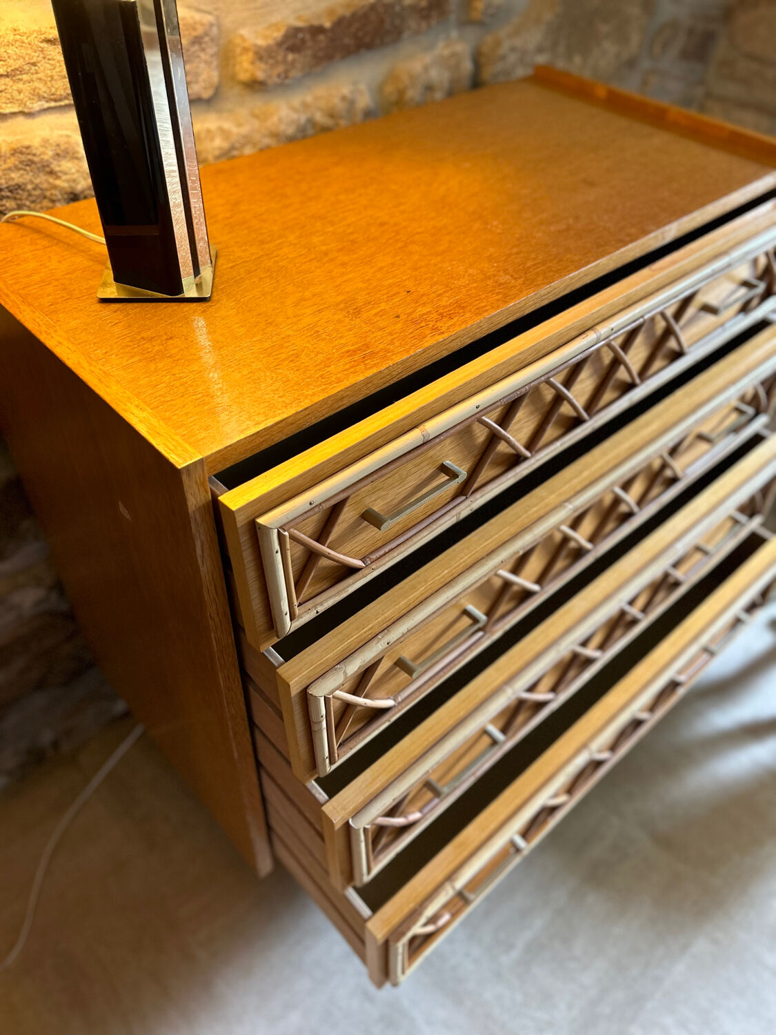 Oak and rattan chest of drawers 1960