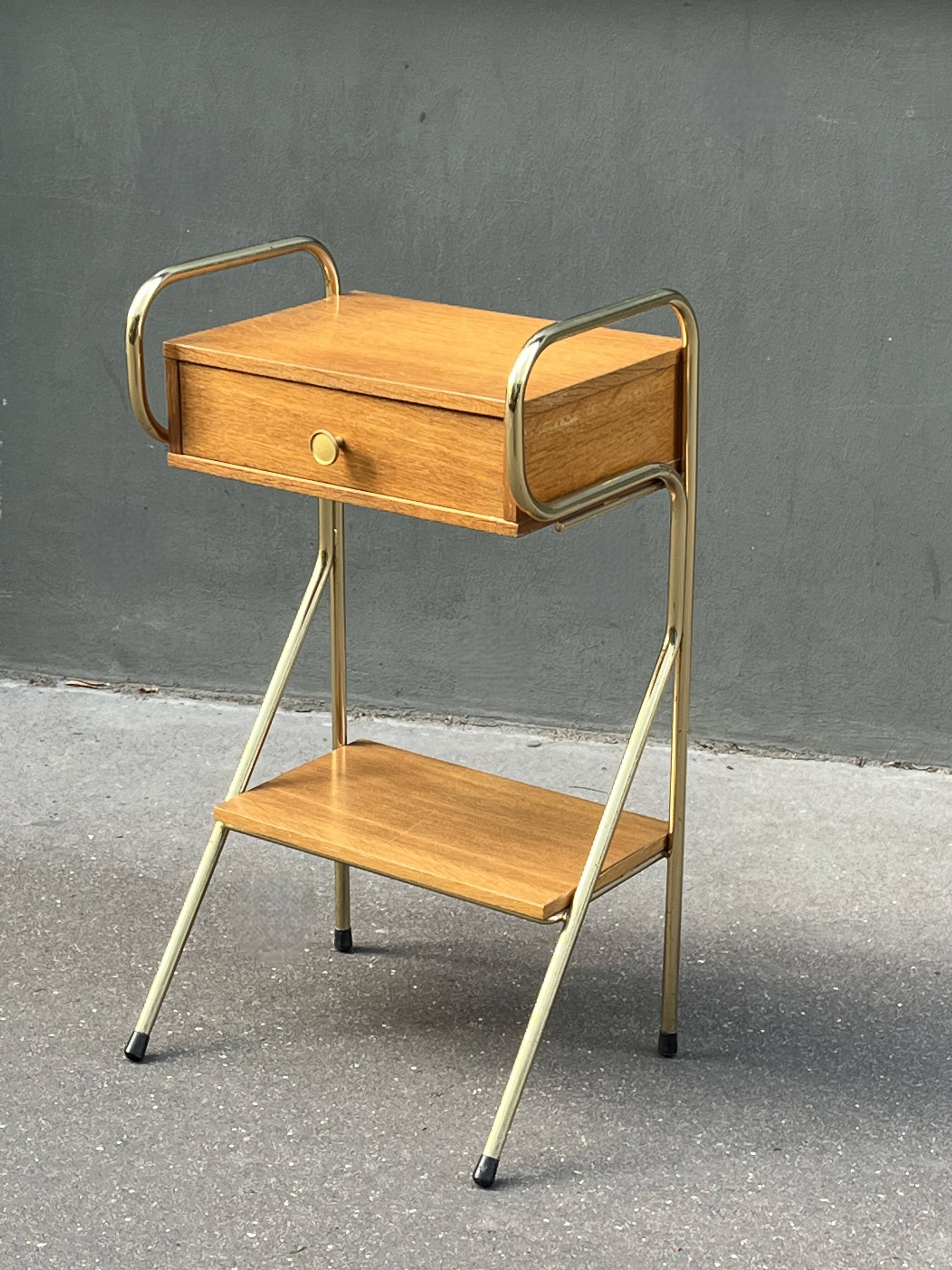 60s wooden and gold metal bedside table