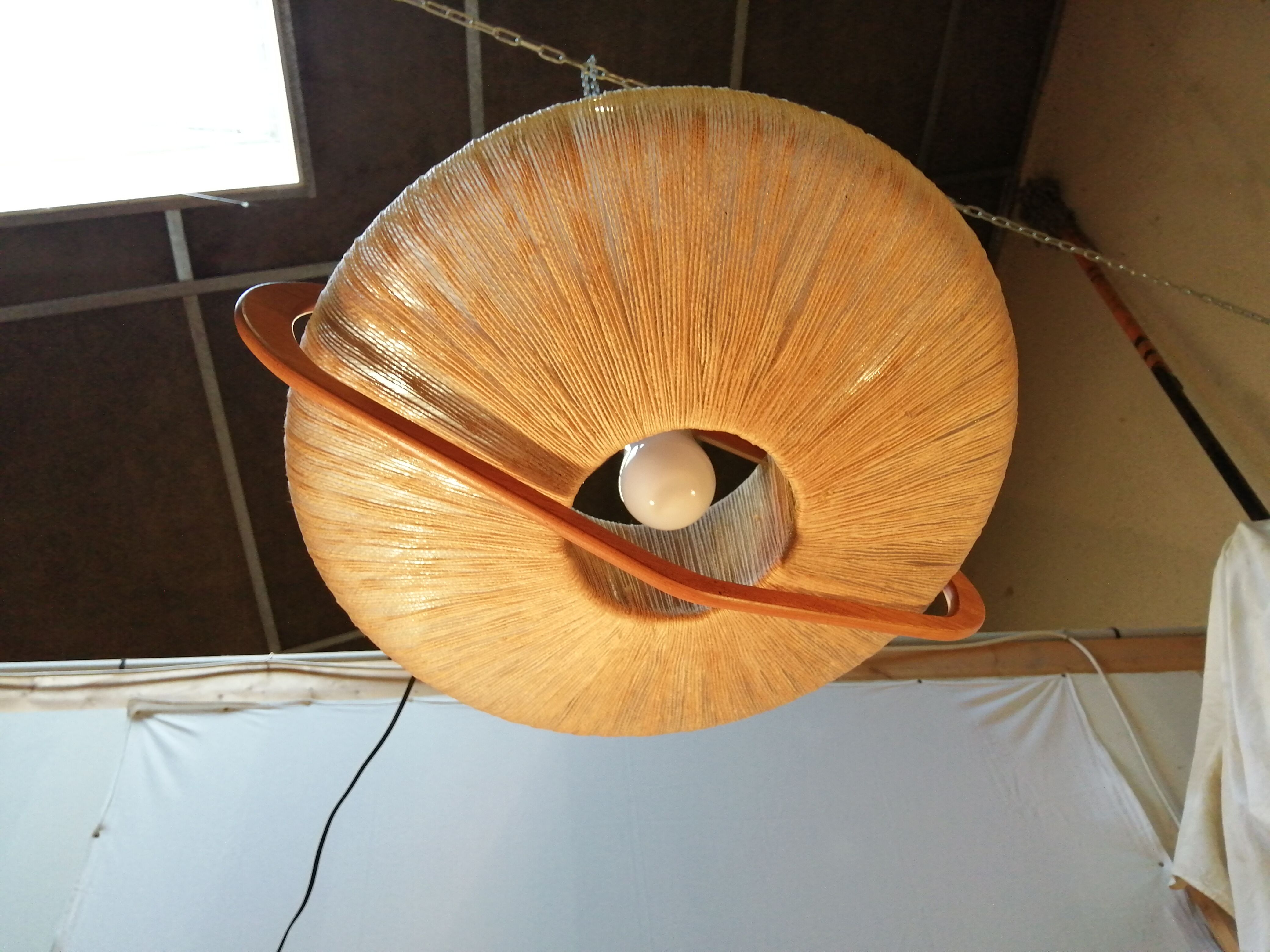 Sisal Ufo pendant lamp and vintage teak by Temde Leuchten