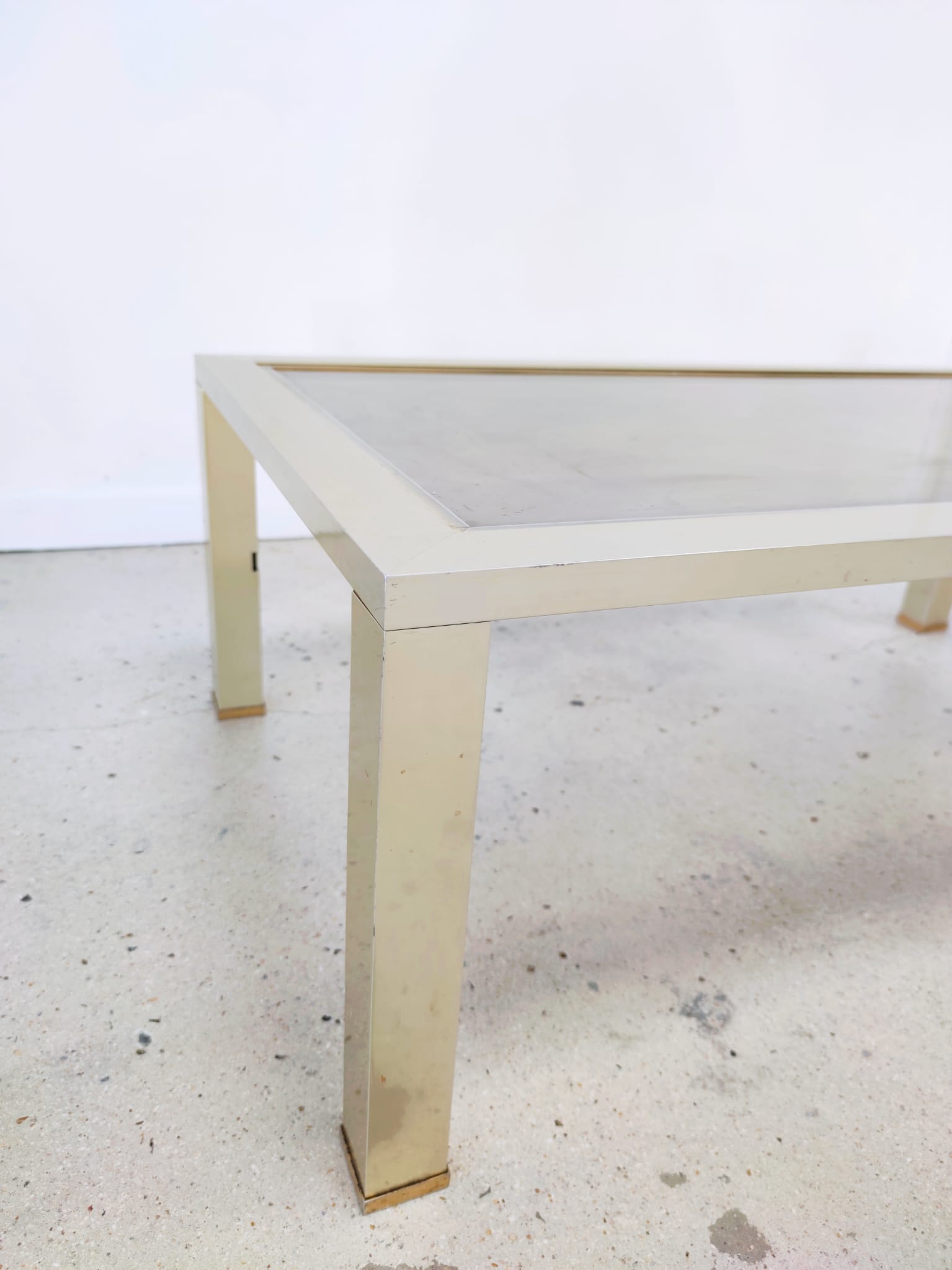 Vintage coffee table 1970s brushed metal smoked glass