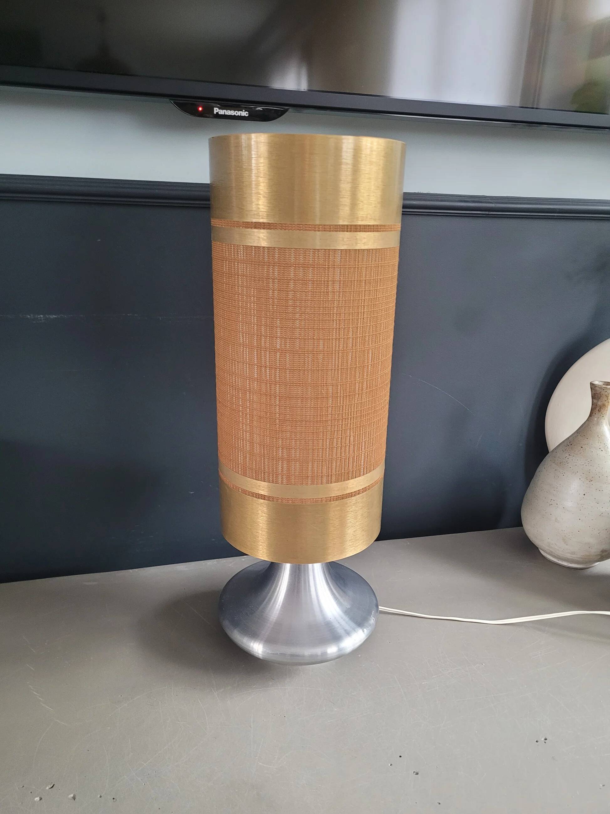 Vintage table lamp with brushed aluminium base - cylinder shade