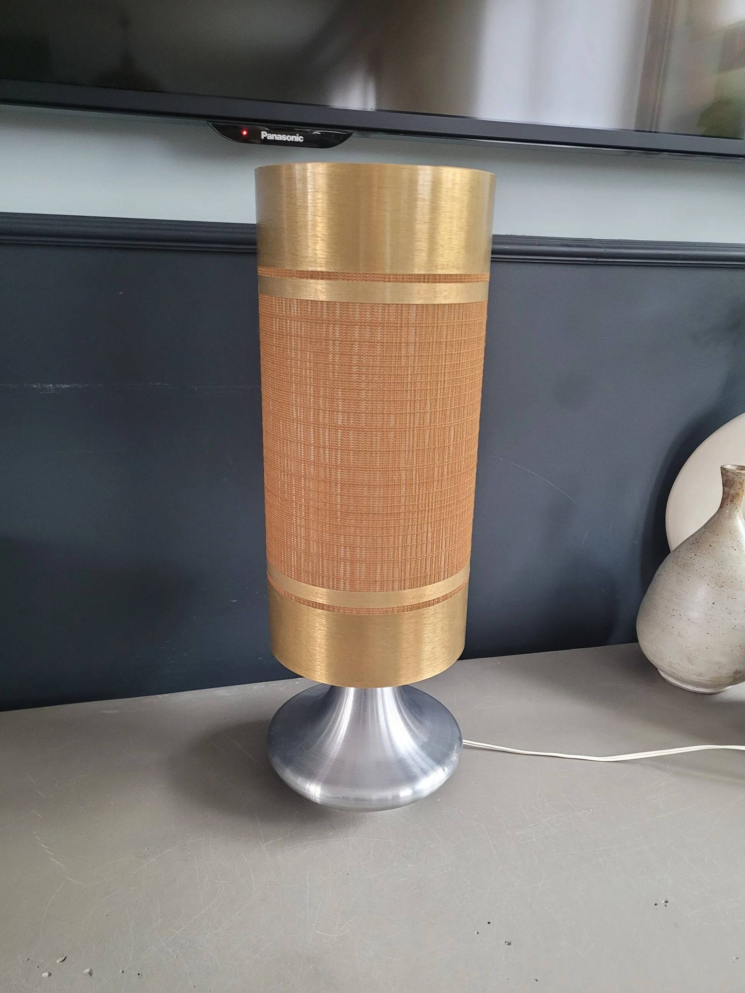 Lampe à poser vintage pied aluminium brossé - abat-jour cylindre