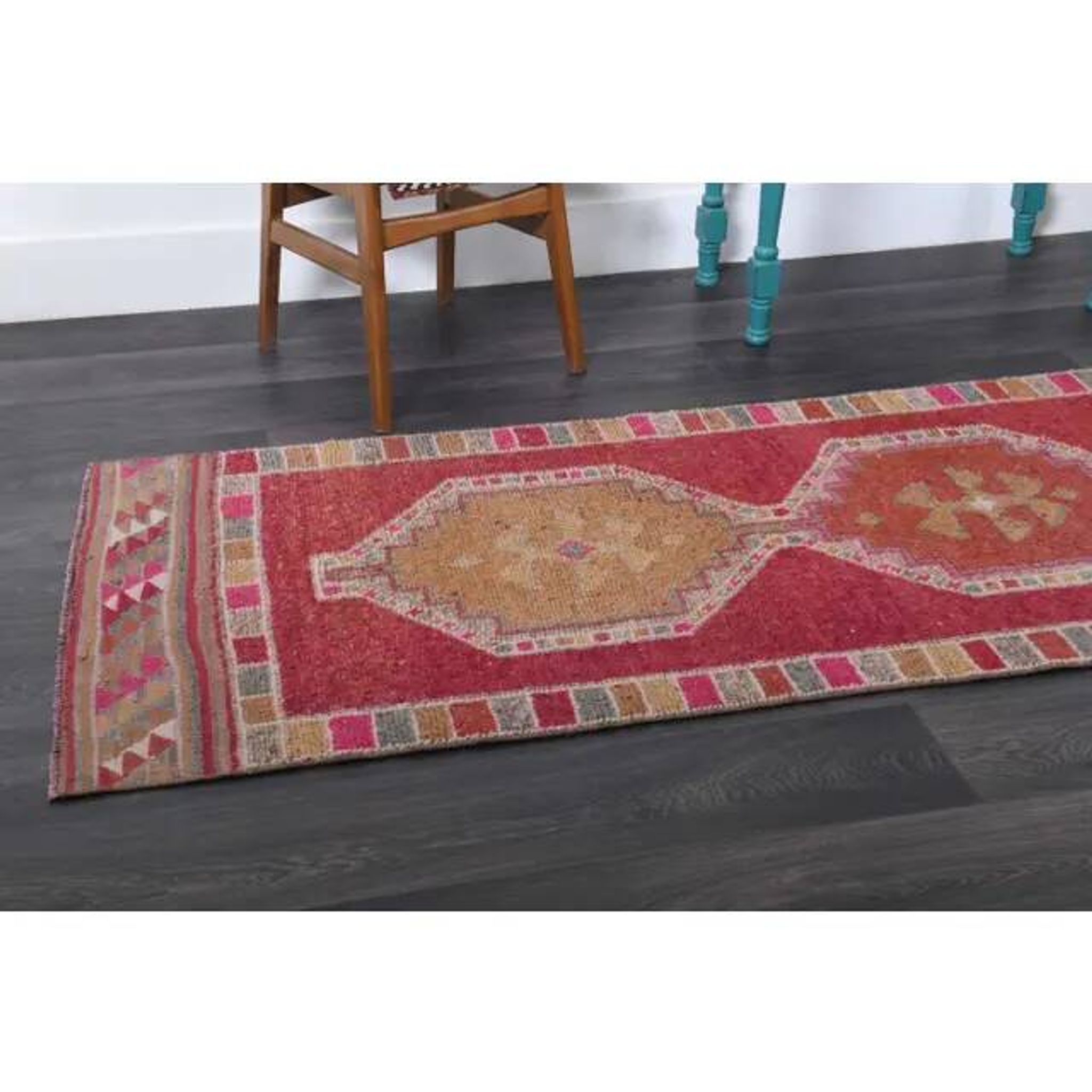 Vintage Turkish Hand-Knotted Wool Cotton Pink Runner Rug 88x342