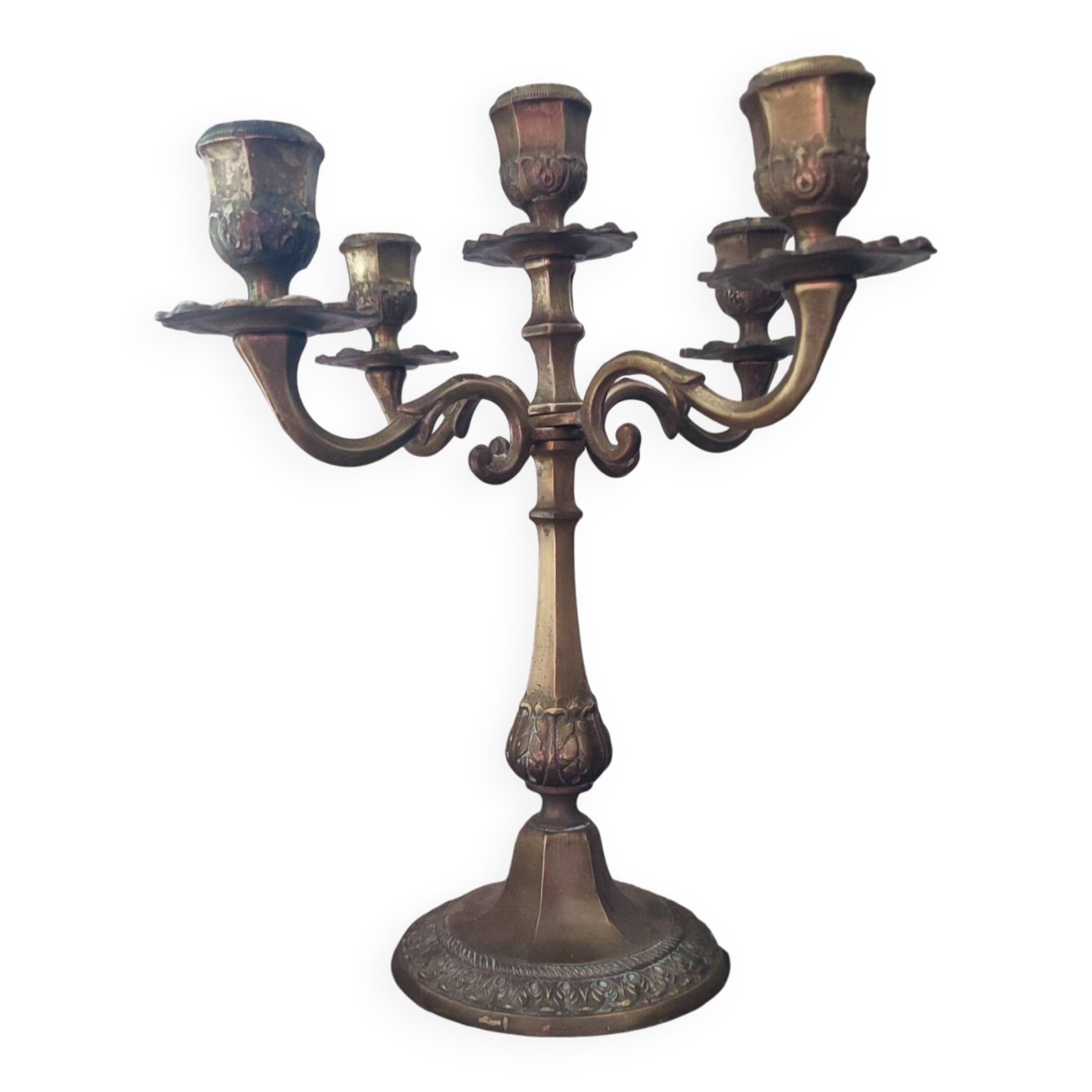 Antique 4-branch candlestick or candelabra in engraved spelter