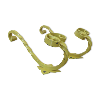 Pair of hooks wall coat holder in yellow lacquered wrought iron, 50s 60s
