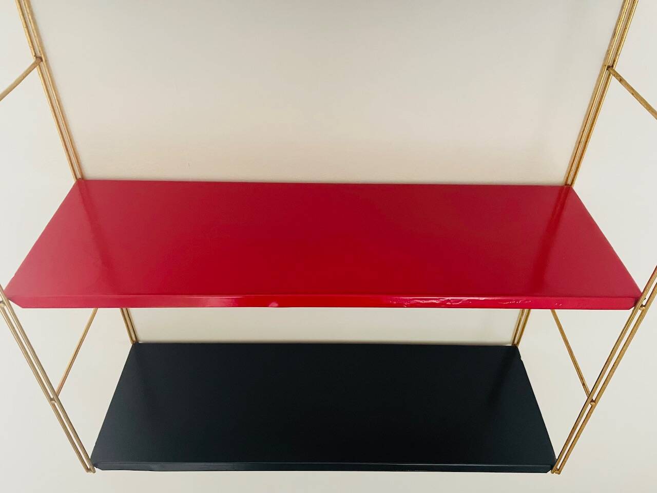 Modular vintage wall shelf, black and red metal circa 1960s